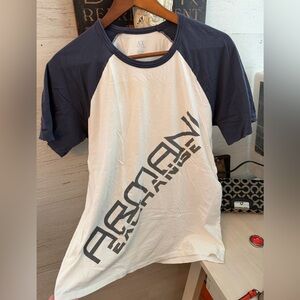 Vintage Armani Exchange White Tee with Navy Raglan Sleeves and Diagonal Logo